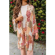 White Boho Patchwork Floral Open Front Kimono