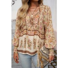 Yellow Floral Print Tie Neck Lantern Sleeve Blouse