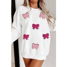 White Chenille Bowknot Graphic Drop Shoulder Baggy Sweatshirt