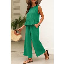 Green Solid Color Ribbed Ruffle Tank Top and Pants Set