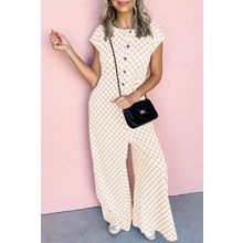 Apricot Checkered Print Buttoned Crew Neck Wide Leg Jumpsuit