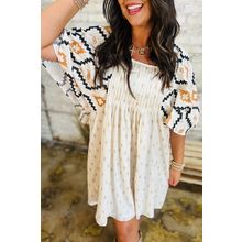 Beige Western Aztec Print Pleated Square Neck Loose Mini Dress