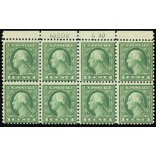 538, Mint NH 1¢ Plate Block of Eight Stamps CV $252 - Stuart Katz