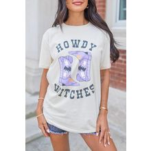 White HOWDY WITCHES Halloween Boots Crewneck T Shirt