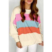 White Colorblock Patchwork Crewneck Drop Shoulder Sweatshirt
