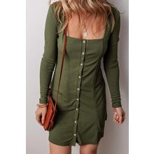 Guacamole Green Rib Knit Square Neck Buttoned Long Sleeve Mini Dress