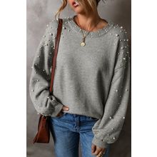 Light Grey Pearled Drop Shoulder Round Neck Sweater