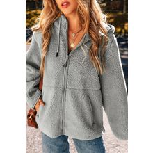 Medium Grey Fleece Zip Up Drawstring Hooded Pocketed Jacket