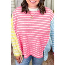 Multicolour Striped Exposed Seam Colorblock Patchwork Plus Size Sweater
