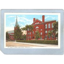 Rhode Island Pawtucket Postcard St Joseph's Church And School Street Scene~1112