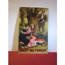 'LEST WE FORGET, lovers and photographer used antique postcard by B.B. 1910 pm =
