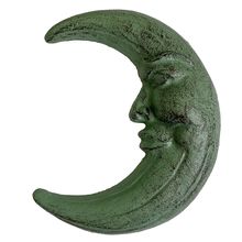 Cast Iron Crescent Moon Face Wall Hanging Celestial Green Metal Man in the Moon
