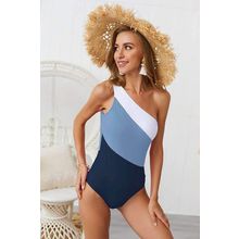 Sky Blue Color Block One Shoulder Backless One-piece Swimwear