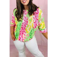 Multicolour Leopard Color Block Knitted Crewneck Plus Size T Shirt