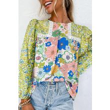 Green Mixed Floral Print Long Sleeve Blouse