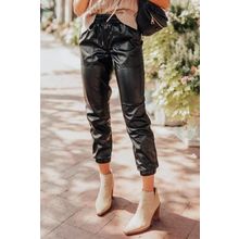 Black Faux Leather Ankle Smocked Waist Drawstring Joggers