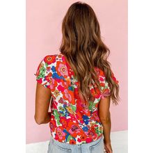 Red Floral Split Neck Top