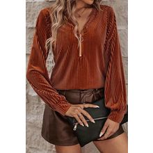Chestnut Half Zip V Neck Ribbed Velvet Top
