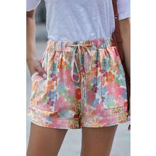 Pink Floral Print Side Pockets Drawstring Casual Shorts