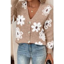 Smoke Gray Floral Print V Neck Knitted Button up Cardigan
