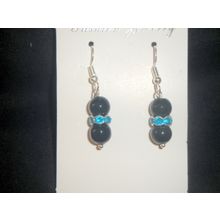 Asian style round solid black glass earrings with turquoise crystal