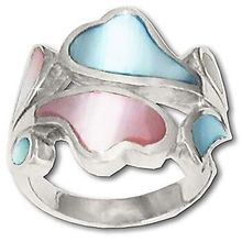 925 Sterling Silver Pink and Blue Mother Of Pearl Heart Wave Ring