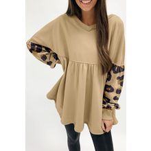 Khaki Leopard Splicing Sleeve Ruffle Loose Sweatshirt
