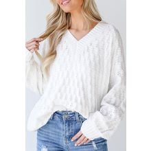 White Textured Knit Ribbed Edge V Neck Loose Sweater