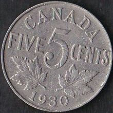 1930 Canada 5 Cents Coin