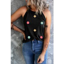 Black Sweet Floral Embroidery Casual Tank Top