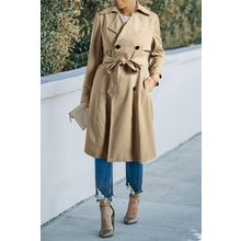 Pale Khaki Solid Color Lapel Collar Waist Tie Wind Coat