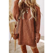 Coffee Cable Knit Drop Shoulder Loose Fit Sweater Dress