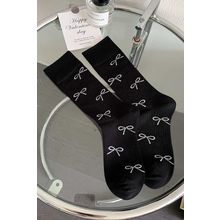 Black Bow Knot Print Ribbed Crew Socks