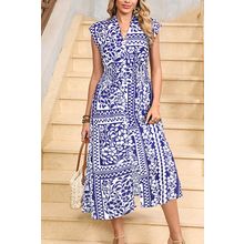 Dirty blue Shirred Waist V Neck Sleeveless Floral Print Midi Dress