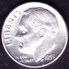 1959 USA 10 Cents Silver Coin Roosevelt