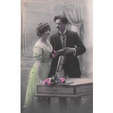 Lovers By Piano Reading Book Secret Code Old Romantic Glamour Postcard