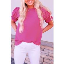Rose Solid Color Smocked Puff Sleeve Blouse