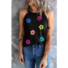 Black Sequin Flower Slim Fit Crewneck Tank Top