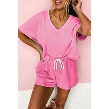 Bonbon V Neck Drop Shoulder Tee and Patchwork Drawstring Shorts Set