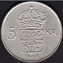 1955 Sweden 5 Kronor Silver Coin