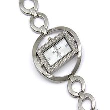Lady Watch - Rhinestone Square Shape Frame w/ Loop Links Band - Silver - WT-L...