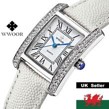 Ladies White Square Face Silver Case White Genuine Leather Strap Watch Boxed