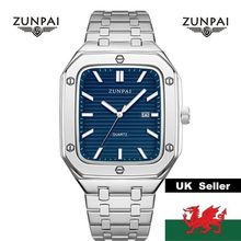 Gents Large Square Blue Face Date Silver Stainless Steel Bracelet Watch Boxed