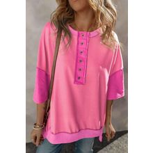 Rose Red Contrast Color Patchwork Half Button T Shirt