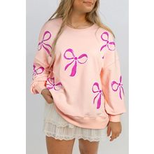 Apricot Pink Sequined Bowknot Drop Shoulder Oversized Sweatshirt