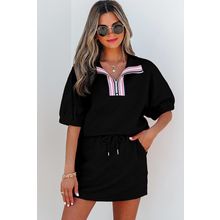 Color black Striped Collared Zip up Textured Skirt Set