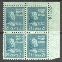826 21c Chester Arthur Very Fine MNH Plt/4 UR 22114 Y0051