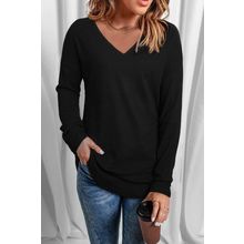 Black Solid Color V Neck Long Sleeve Knit Top