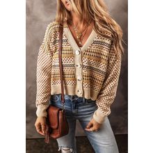 Khaki Buttoned V Neck Cropped Cardigan