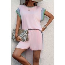 Light Pink Colorblock Corded Short Sleeve Boxy Top and Shorts Set